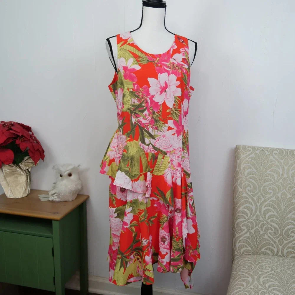 N Natori Asymmetrical Ruffle Tropical Dress Medium Size 8 NWOT Floral - Picture 11 of 11